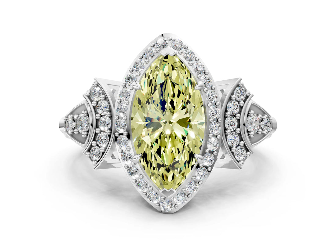 Platinum Fancy Yellow Marquise Cut Halo Diamond Split Shank Engagement Ring with Four-Prong Setting_18