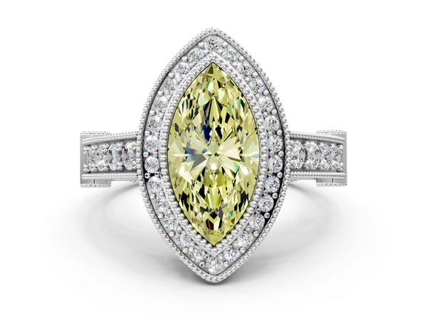 Platinum Marquise Vintage Bezel Halo Engagement Ring Setting for Fancy Yellow Center