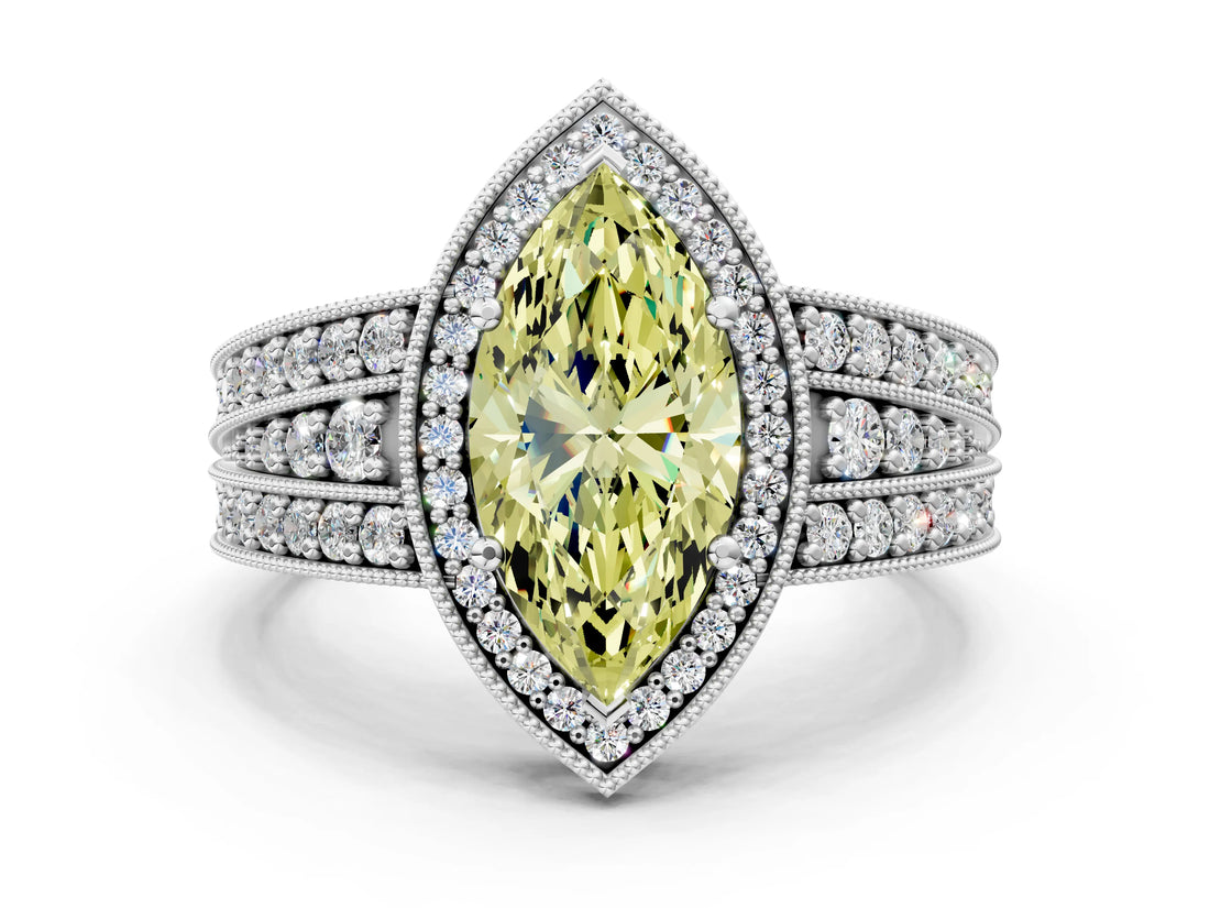 Platinum Fancy Yellow Marquise Cut Halo Diamond Split Shank Ring with Prong Setting_6