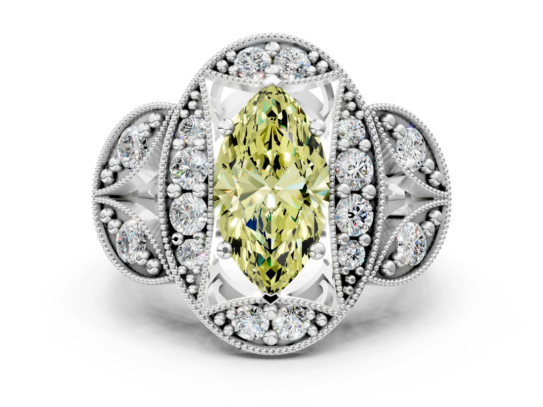 Platinum Fancy Yellow Marquise Cut Halo Milgrain Diamond Engagement Ring with Leaf Band and Four-Prong Setting_12