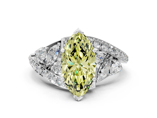 Platinum Fancy Yellow Marquise  Diamond Halo Ring with Marquise and Pavé Band in Prong Setting