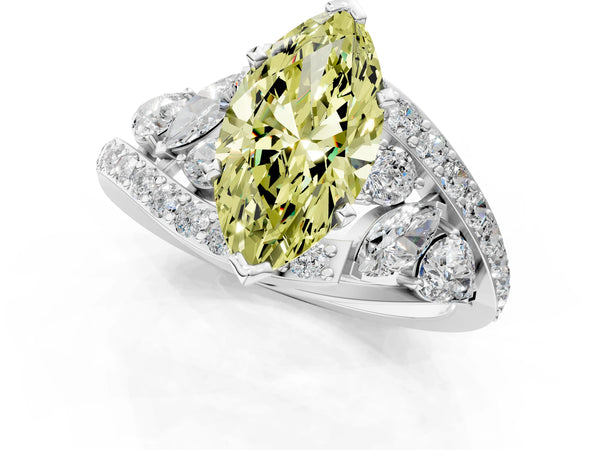 Platinum Fancy Yellow Marquise  Diamond Halo Ring with Marquise and Pavé Band in Prong Setting