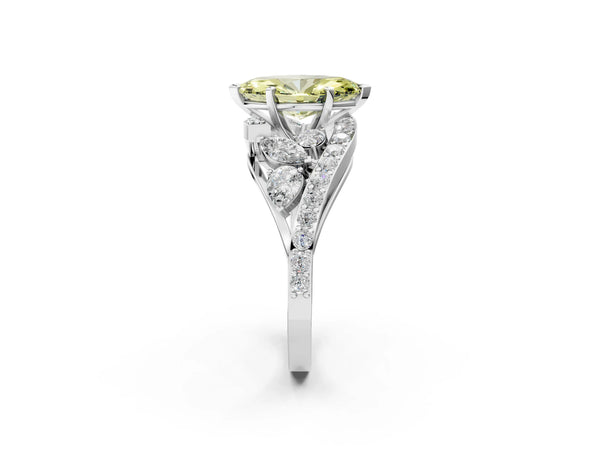 Platinum Fancy Yellow Marquise  Diamond Halo Ring with Marquise and Pavé Band in Prong Setting