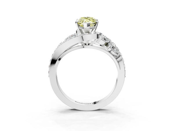 Platinum Fancy Yellow Marquise  Diamond Halo Ring with Marquise and Pavé Band in Prong Setting