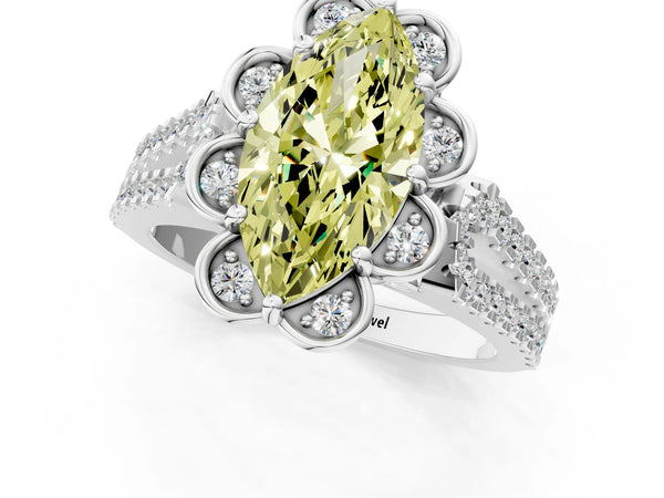 Platinum Fancy Yellow Marquise  Halo Diamond Floral Split Shank Engagement Ring