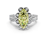 Platinum Fancy Yellow Marquise  Halo Diamond Floral Split Shank Engagement Ring