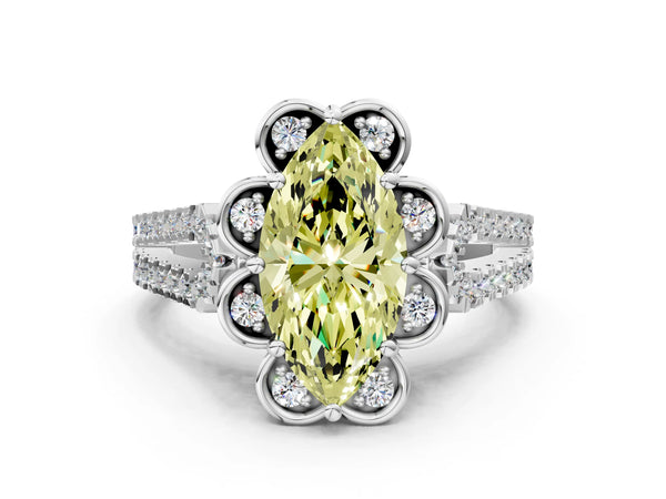 Platinum Fancy Yellow Marquise  Halo Diamond Floral Split Shank Engagement Ring