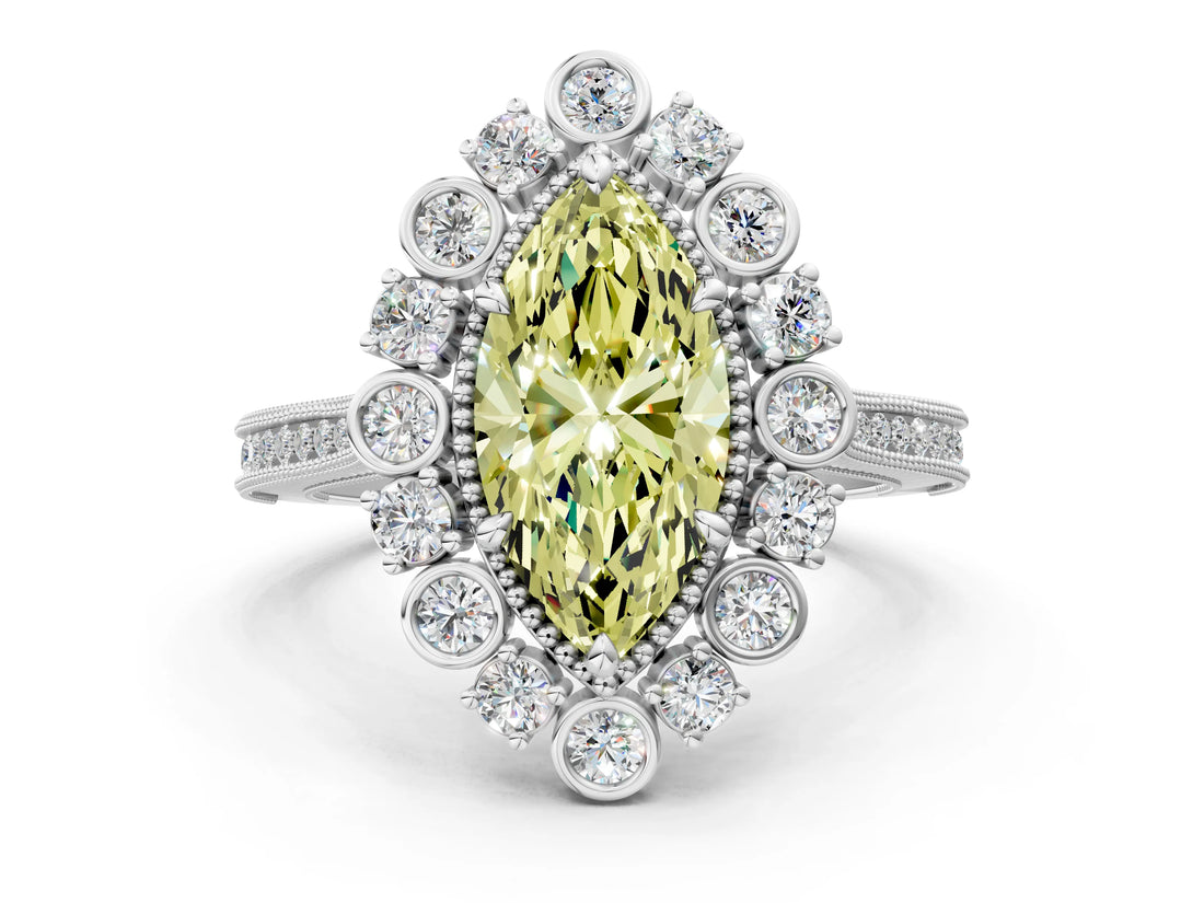 Platinum Fancy Yellow Marquise  Halo Milgrain Pave Diamond Ring with Four-Prong Setting