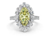 Platinum Fancy Yellow Marquise  Halo Milgrain Pave Diamond Ring with Four-Prong Setting