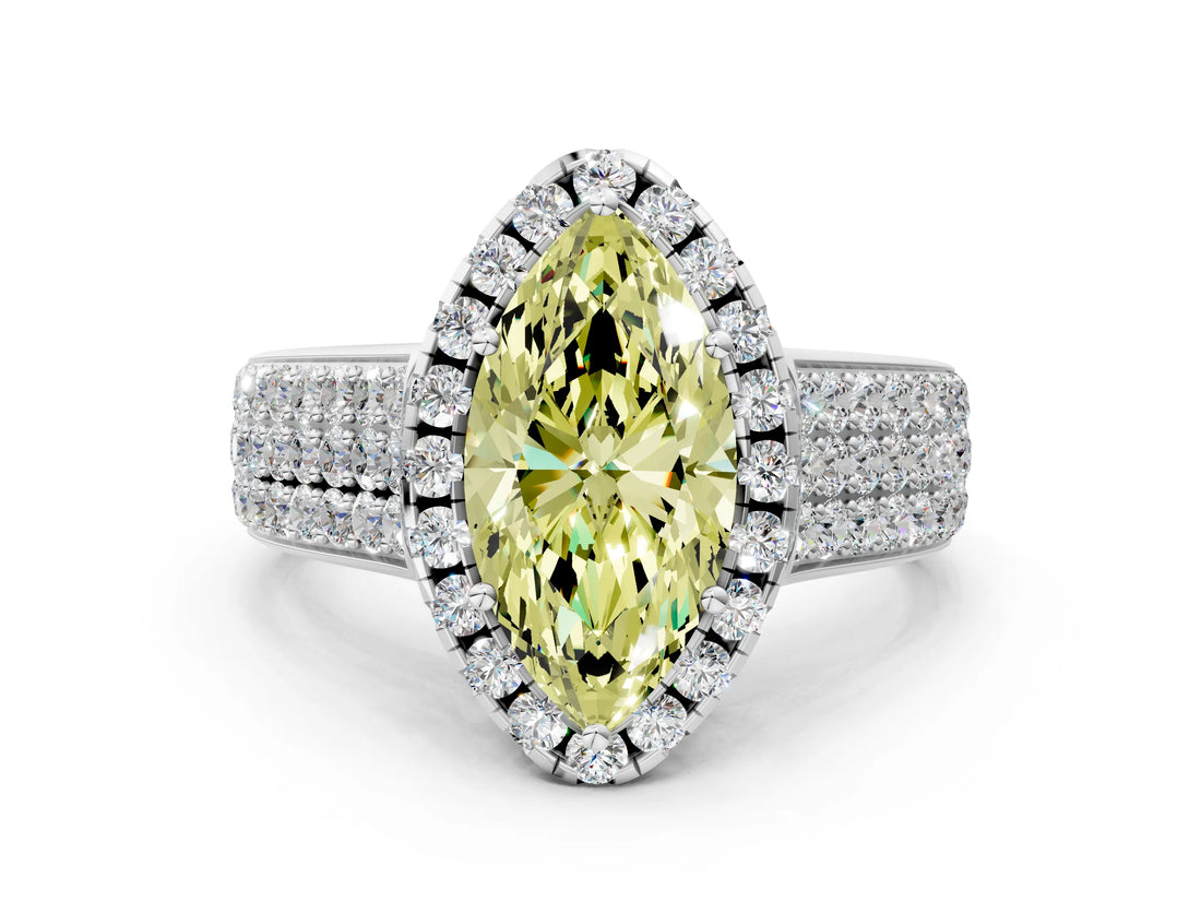 Platinum Fancy Yellow Marquise  Halo Round Diamond Pave Band with Prong Setting 1