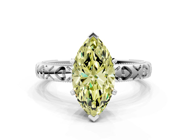 Platinum Fancy Yellow Marquise  Solitaire Diamond Engagement Ring with XO Engraved Band and Four-Prong Setting