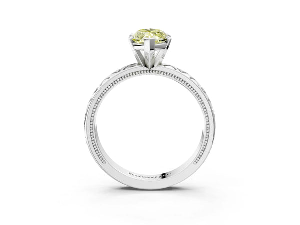 Platinum Fancy Yellow Marquise  Solitaire Diamond Engagement Ring with XO Engraved Band and Four-Prong Setting