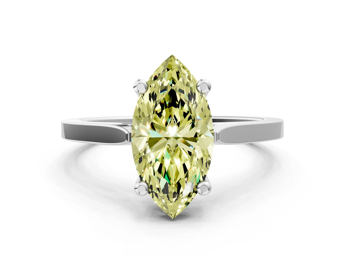 Platinum Fancy Yellow Marquise  Solitaire Diamond Ring with Four-Prong Setting and Tapered Band