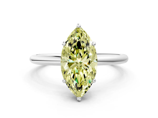 Platinum Fancy Yellow Marquise  Solitaire Diamond Ring with a Classic Band and Four-Prong Setting