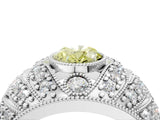Platinum Fancy Yellow Oval Cut Brilliant Halo Pave Diamond Milgrain Ring_10
