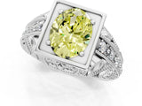 Platinum Fancy Yellow Oval Cut Brilliant Milgrain Filigree Diamond Ring with Square Prong Setting_7