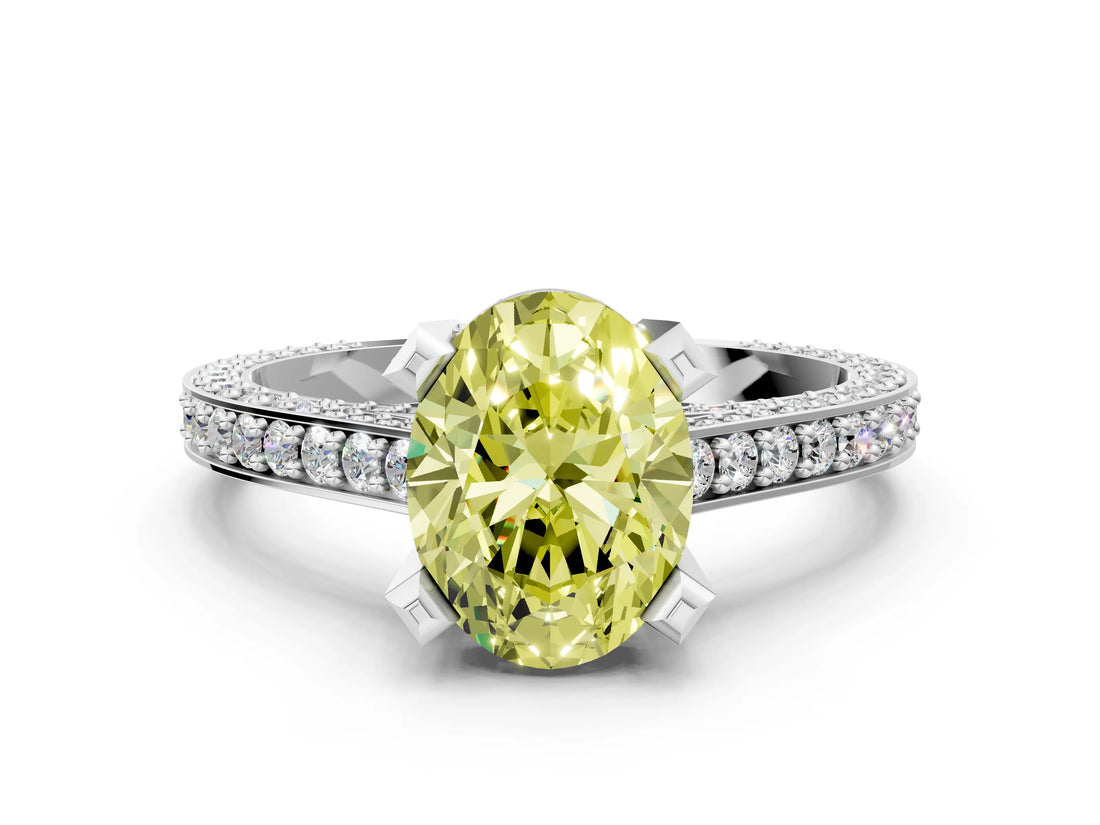 Platinum Fancy Yellow Oval Cut Brilliant Split Shank Pave Solitaire Ring with Four-Prong Setting_12