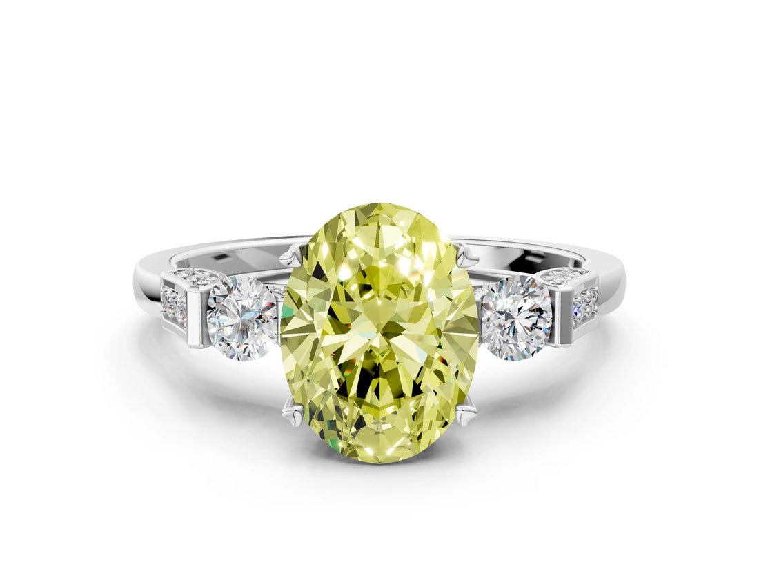 Platinum Fancy Yellow Oval Cut Brilliant Three-Stone Pave Band with Four-Prong Setting_6