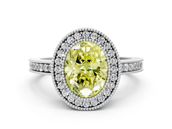 Platinum Oval Double Milgrain Halo Engagement Ring Setting for Fancy Yellow Center