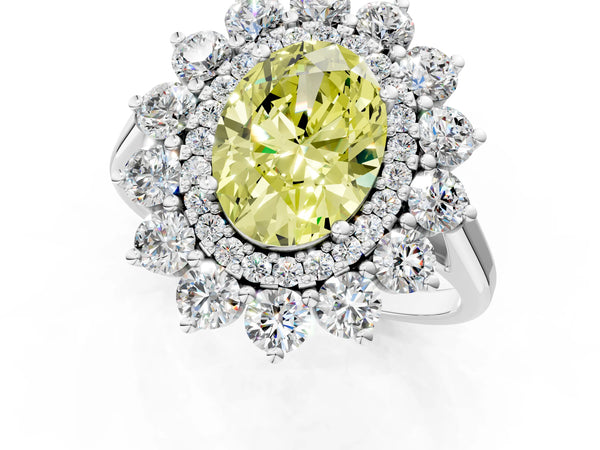 Platinum Oval Floral Double Halo Engagement Ring Setting for Fancy Yellow Center