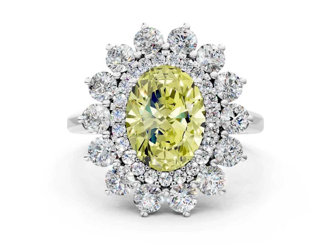 Platinum Fancy Yellow Oval Cut Diamond Floral Double Halo Engagement Ring with Prong Setting_42