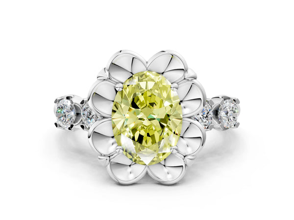 Platinum Fancy Yellow Oval  Cut Diamond Floral Halo Engagement Ring with Shared Prong Setting