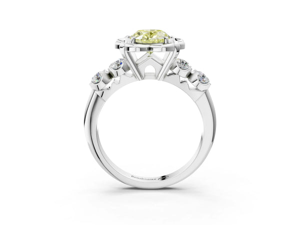 Platinum Fancy Yellow Oval  Cut Diamond Floral Halo Engagement Ring with Shared Prong Setting