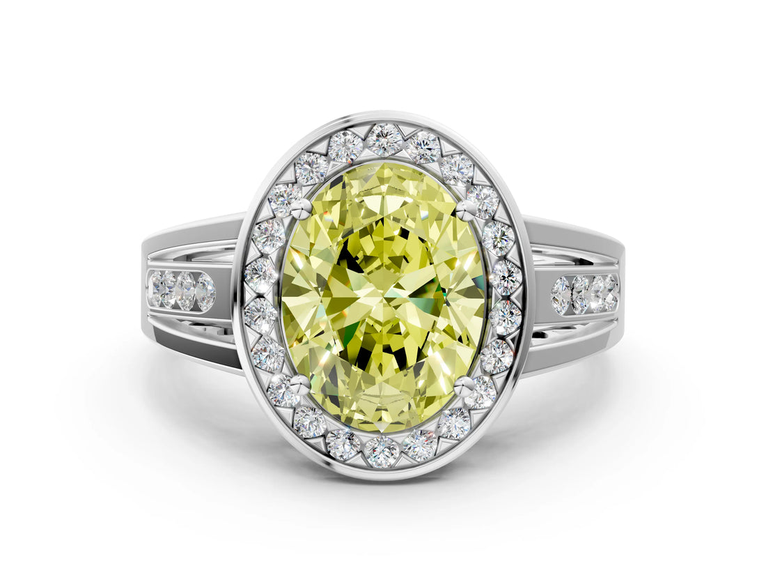 Platinum Fancy Yellow Oval Cut Diamond Halo Ring with Split Shank and Bezel Accents and Prong Setting_12