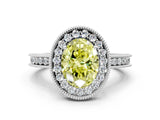 Platinum Fancy Yellow Oval Cut Diamond Milgrain Halo Engagement Ring with Round Pavé Band and Prong Setting_12
