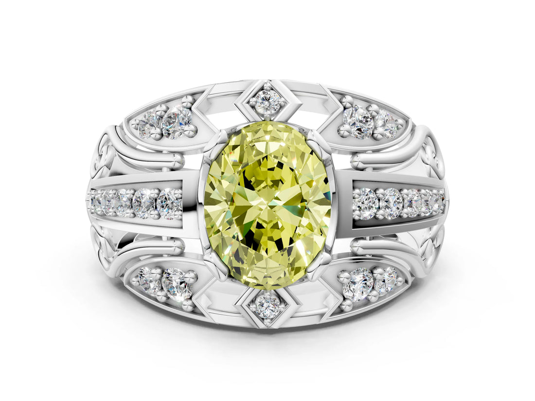 Platinum Fancy Yellow Oval Cut Diamond Pave Art Deco Split Shank Ring with Four-Prong Setting_12