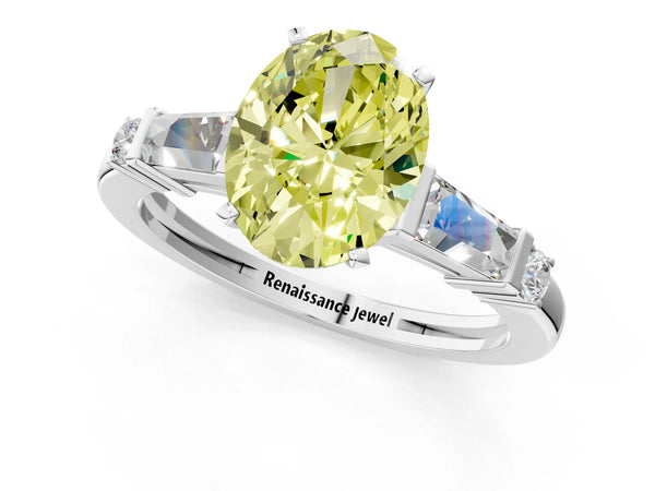 Platinum Fancy Yellow Oval  Cut Diamond Ring with Baguette Side Stones, Channel Set Band, and Four-Prong Setting