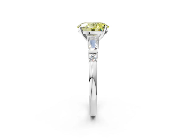 Platinum Fancy Yellow Oval  Cut Diamond Ring with Baguette Side Stones, Channel Set Band, and Four-Prong Setting