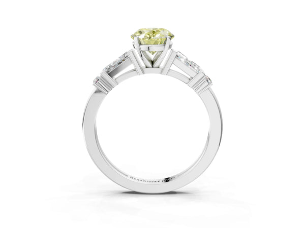 Platinum Fancy Yellow Oval  Cut Diamond Ring with Baguette Side Stones, Channel Set Band, and Four-Prong Setting