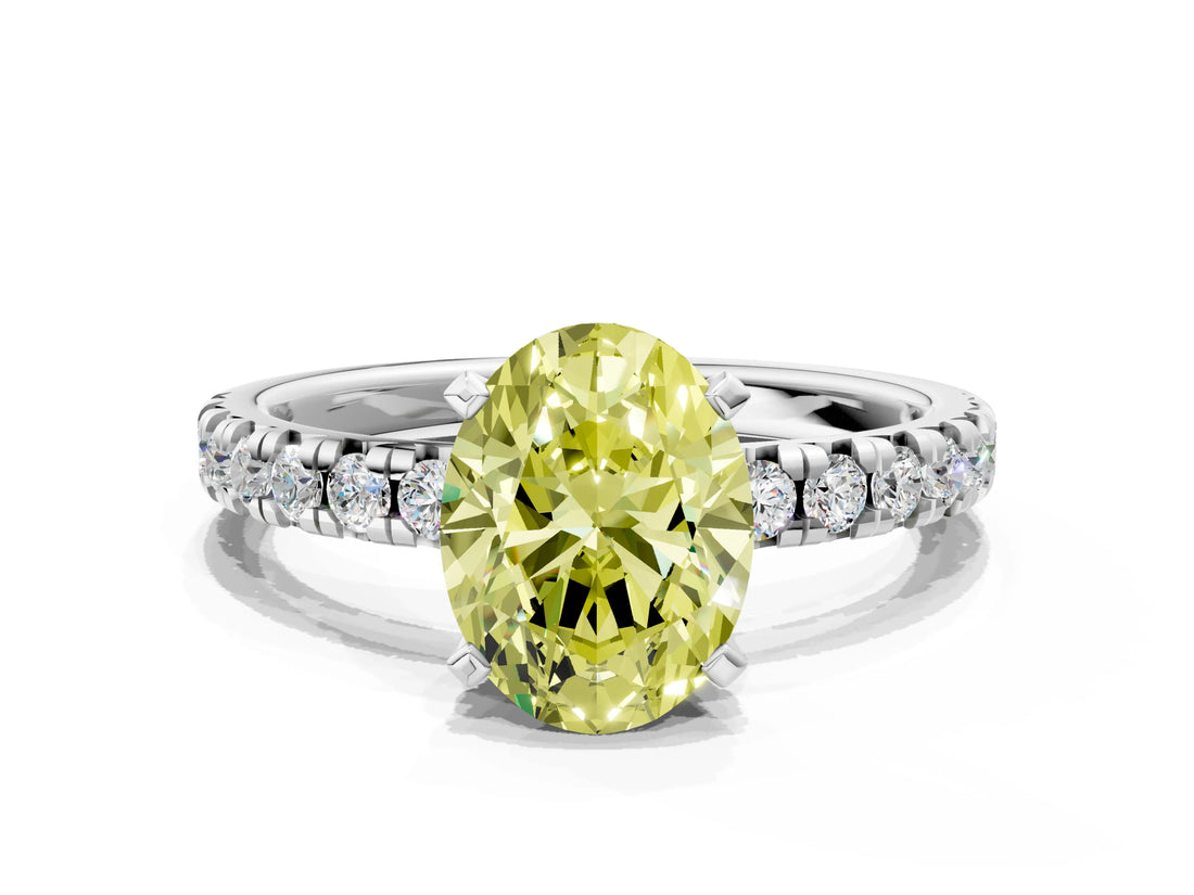 Platinum Fancy Yellow Oval Cut Diamond Solitaire Pavé Engagement Ring with Round Band and Prong Setting_1