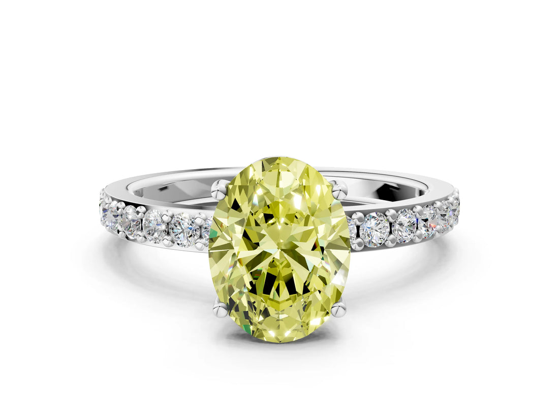 Platinum Fancy Yellow Oval  Cut Diamond Solitaire with Pave Band and Four-Prong Setting 1