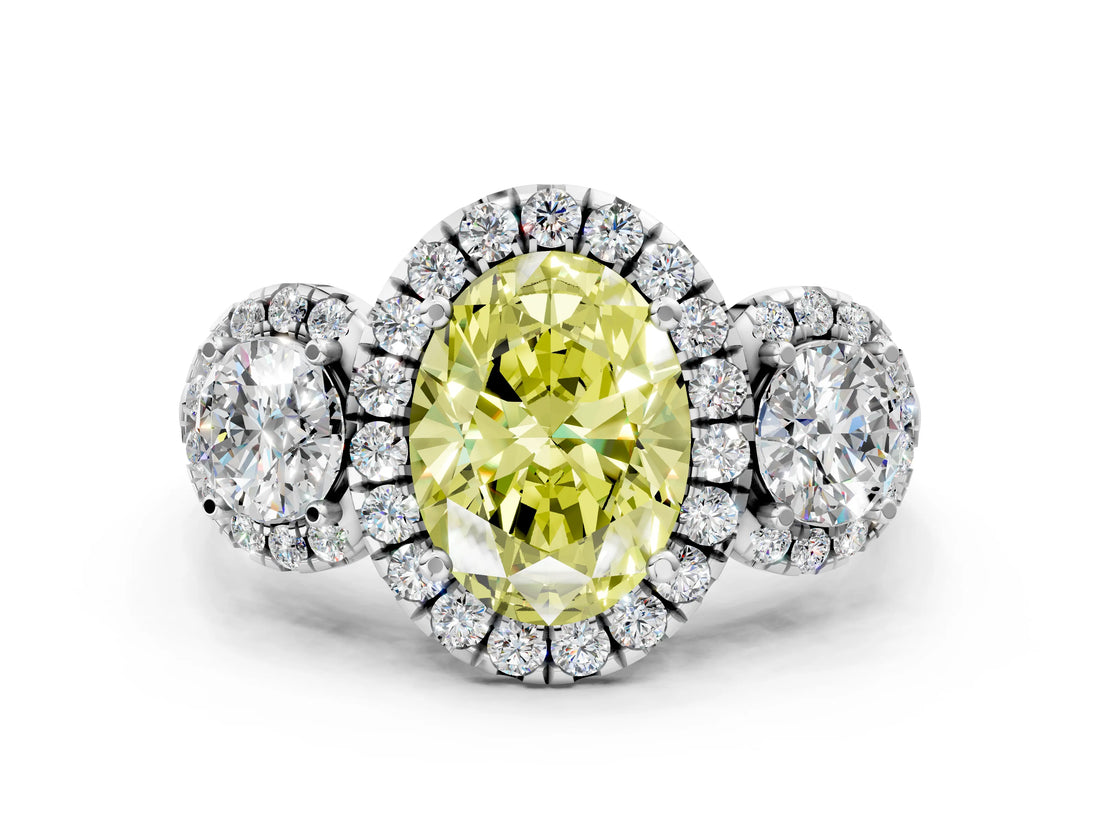 Platinum Fancy Yellow Oval Cut Diamond Three-Stone Halo Ring with Prong Setting and Pavé Accents_12