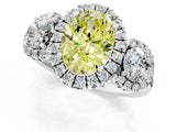 Platinum Fancy Yellow Oval Cut Diamond Three-Stone Halo Ring with Prong Setting and Pavé Accents_13