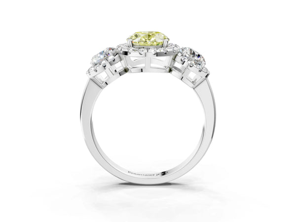 Platinum Oval Three Stone Halo Engagement Ring Setting for Fancy Yellow Center