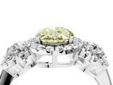 Platinum Fancy Yellow Oval Cut Diamond Three-Stone Halo Ring with Prong Setting and Pavé Accents_16