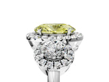Platinum Fancy Yellow Oval Cut Diamond Three-Stone Halo Ring with Prong Setting and Pavé Accents_17