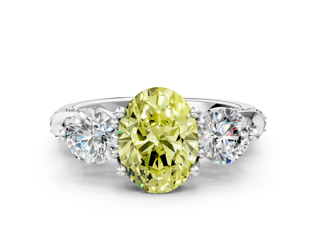 Platinum Fancy Yellow Oval Cut Diamond Three-Stone Ring with Prong Setting and Pavé Band_12