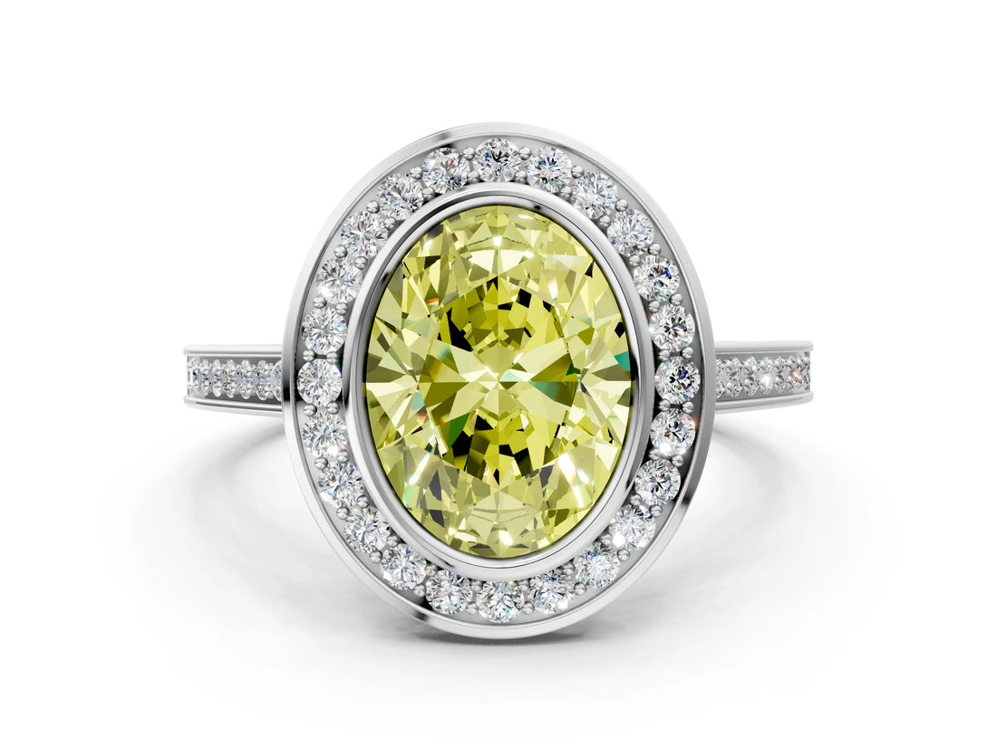 Platinum Fancy Yellow Oval Cut Halo Bezel Diamond Pave Band Ring_6