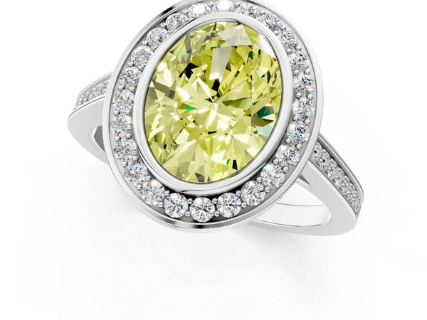 Platinum Fancy Yellow Oval Cut Halo Bezel Diamond Pave Band Ring