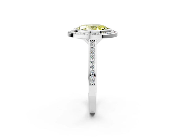 Platinum Fancy Yellow Oval Cut Halo Bezel Diamond Pave Band Ring