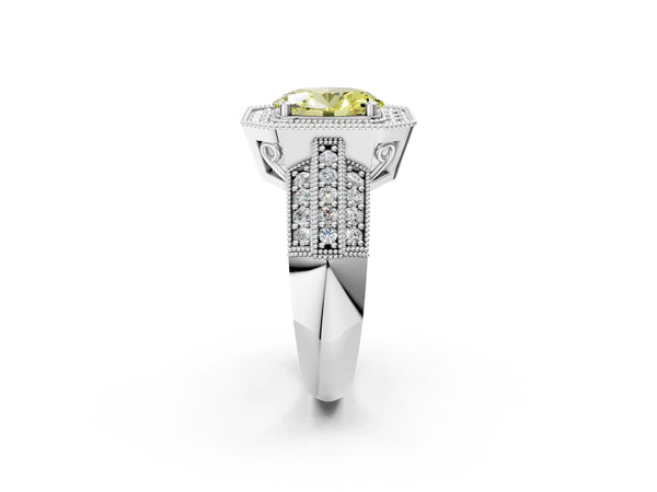 Platinum Fancy Yellow Oval Cut Halo Diamond Engagement Ring with Pave Split Shank and Four-Prong Setting