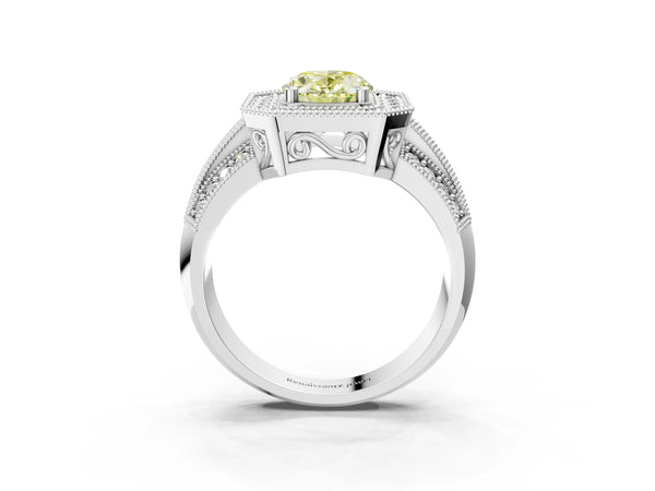 Platinum Fancy Yellow Oval Cut Halo Diamond Engagement Ring with Pave Split Shank and Four-Prong Setting