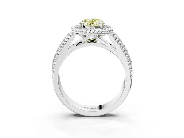 Platinum Oval Beaded Halo Engagement Ring Setting for Fancy Yellow Center with Pave