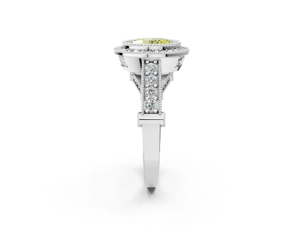 Platinum Oval Vintage Bezel Halo Engagement Ring Setting for Fancy Yellow Center