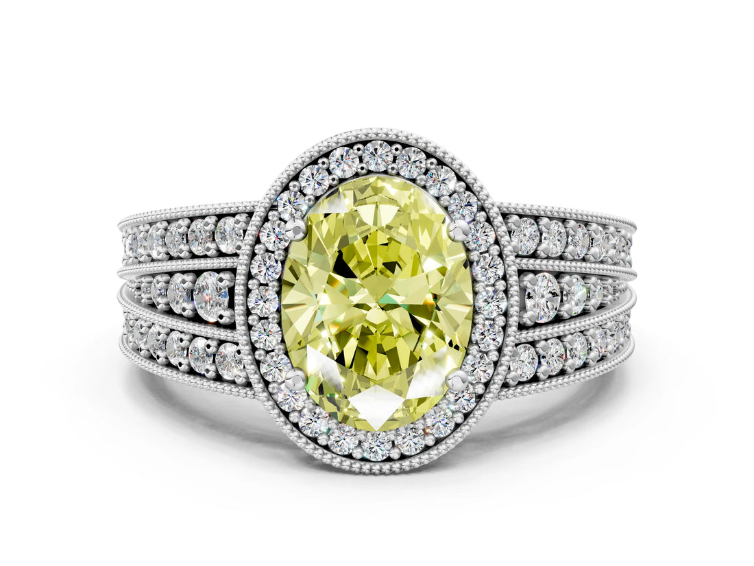 Platinum Fancy Yellow Oval Cut Halo Diamond Split Shank Ring with Prong Setting_36