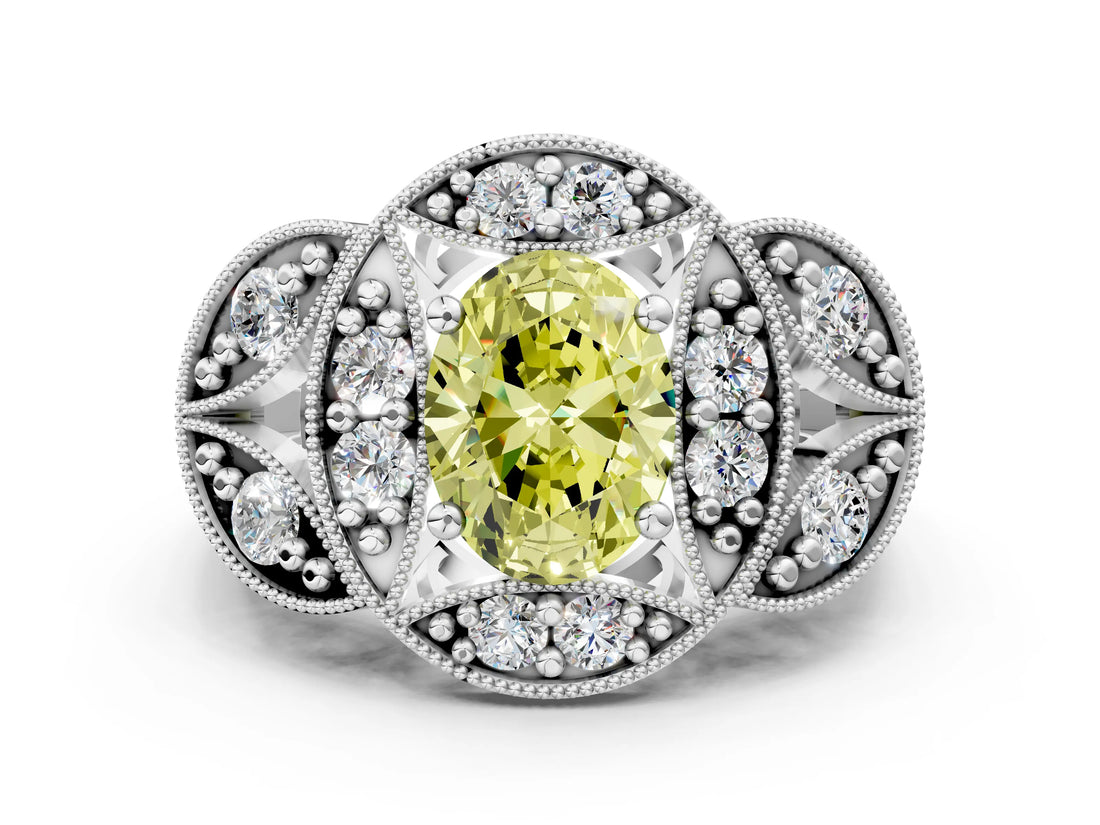 Platinum Fancy Yellow Oval Cut Halo Milgrain Diamond Engagement Ring with Leaf Band and Four-Prong Setting_12
